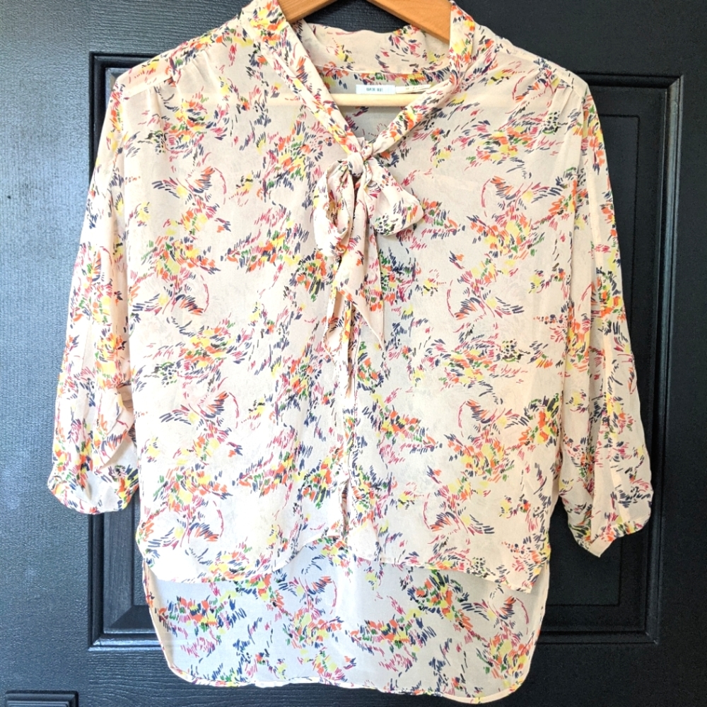 Urban Outfitters Kimchi Blue Paint Splash Sheer Tie Neck Top- Size XS
